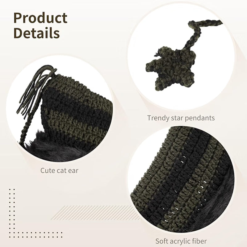 Cat Ear Crochet Beanie – Black & Green Striped Slouchy Hat – image 3