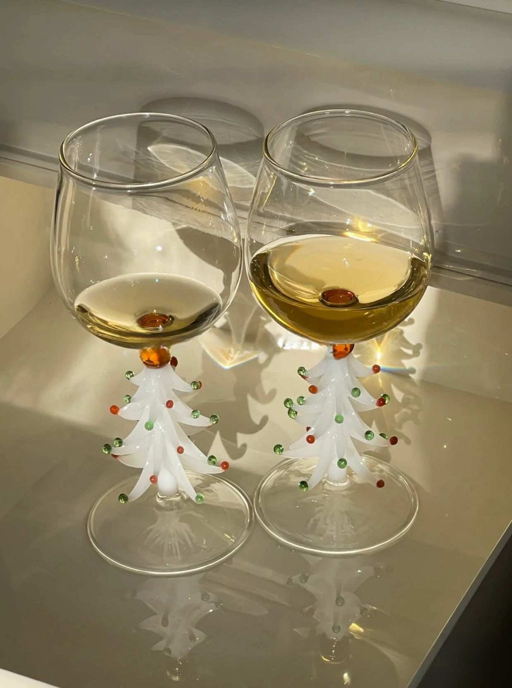 Handblown Christmas Tree Wine Glasses, Set of 2