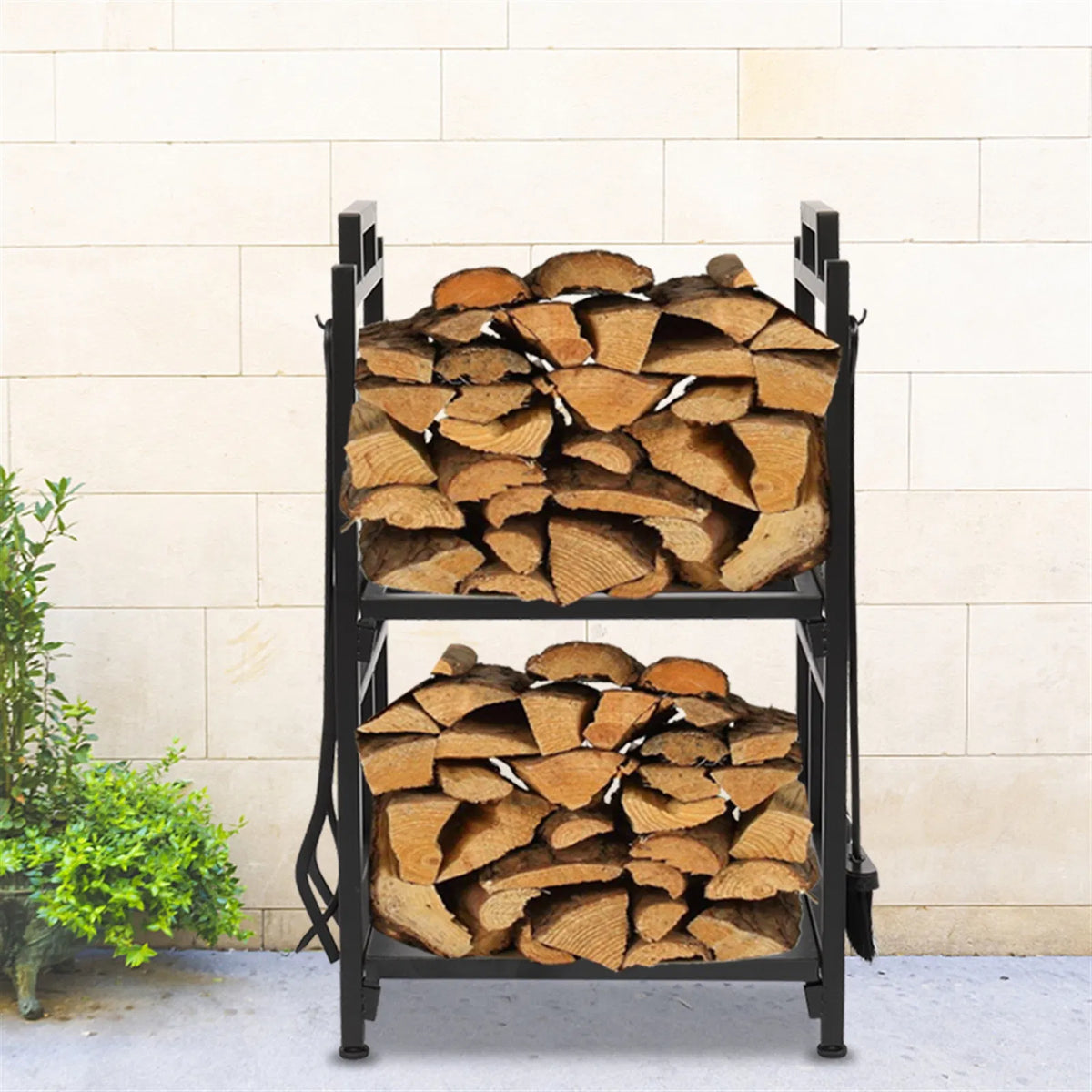 2-Tier Firewood Log Holder with 4 Fireplace Tools, Steel Log Rack – image 4