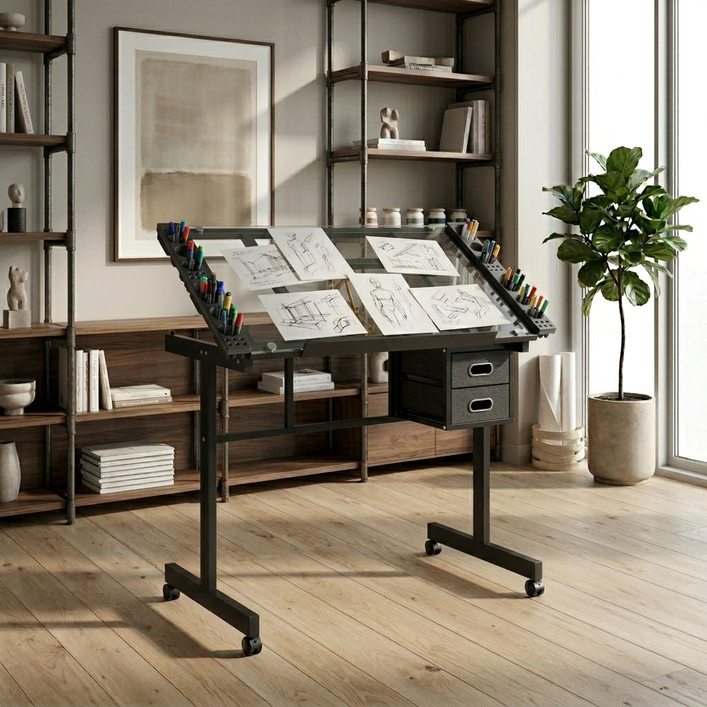 Adjustable Art Drawing Desk Craft Station with 2 Drawers and Wheels