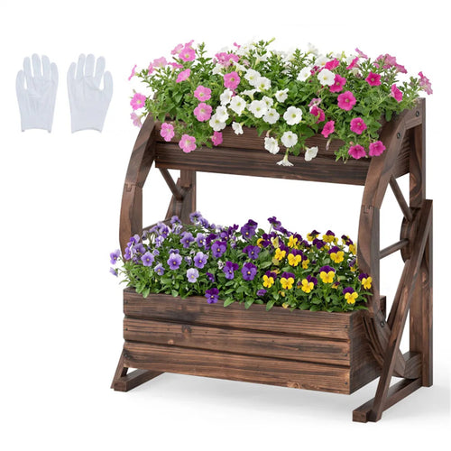 2-Tier Wagon Wheel Planter Box, Burned Fir Wood Vertical Garden Bed – image 2