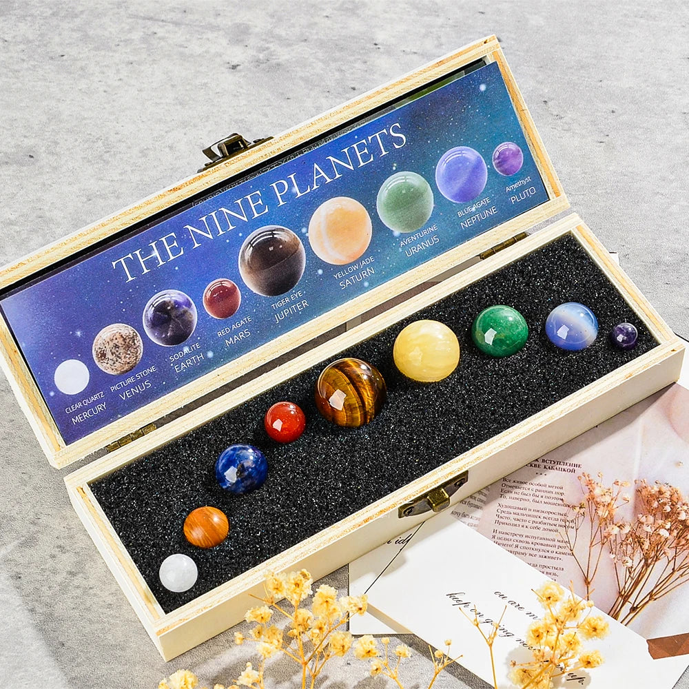 Solar System Crystal Ball Set - 9 Planet Gemstone Desk Decor