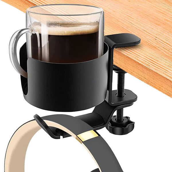 Desk Cup Holder with Headphone Hanger, Clamp-On Aluminum