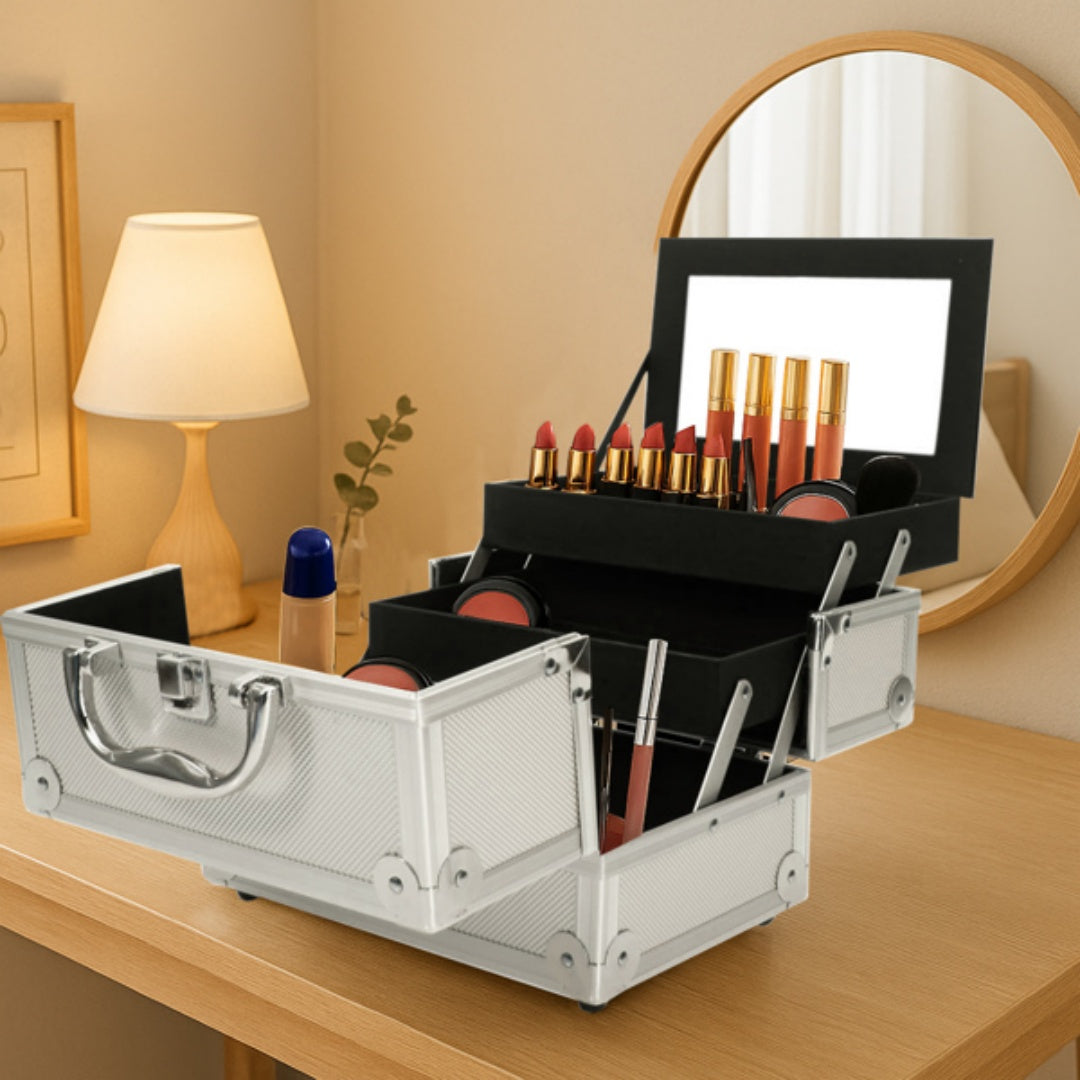 Aluminum Makeup Train Case with Mirror and Fold-Out Trays, Silver – image 9