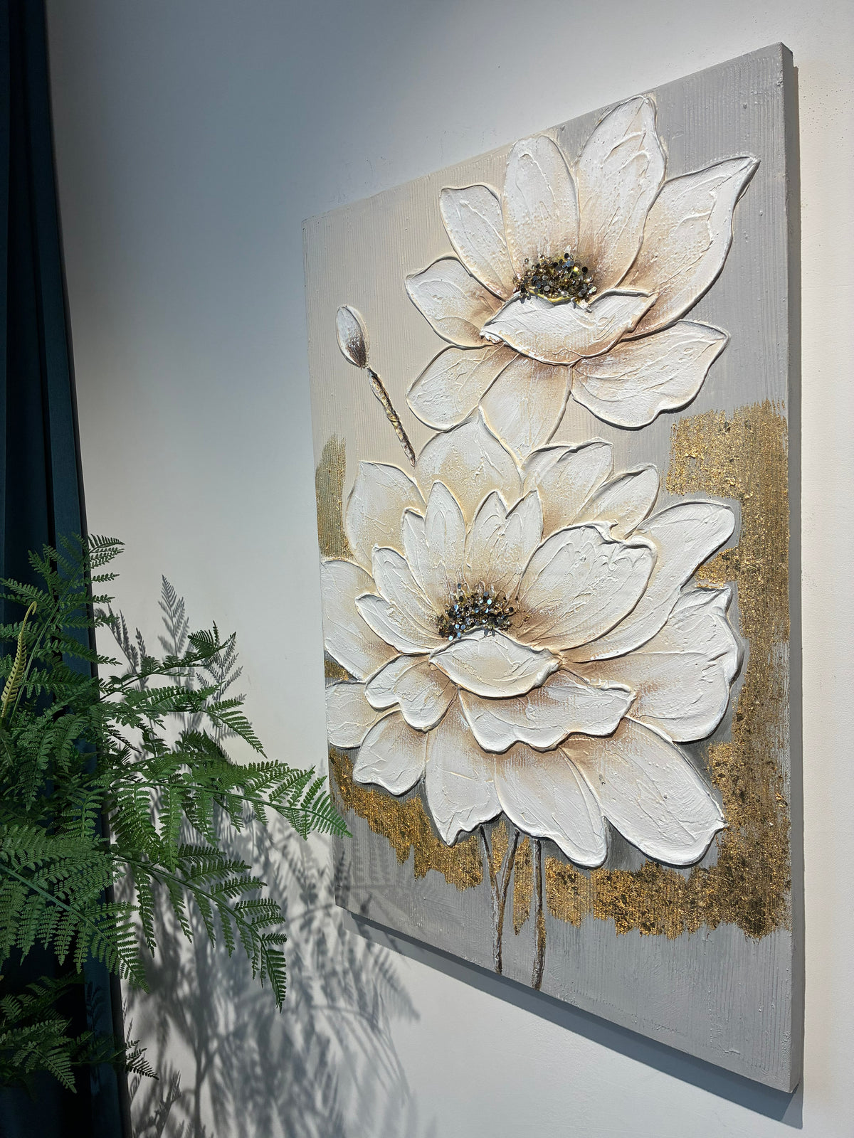 Textured Lotus Flower Canvas Wall Art 24 x 36 In, White and Gold – image 4