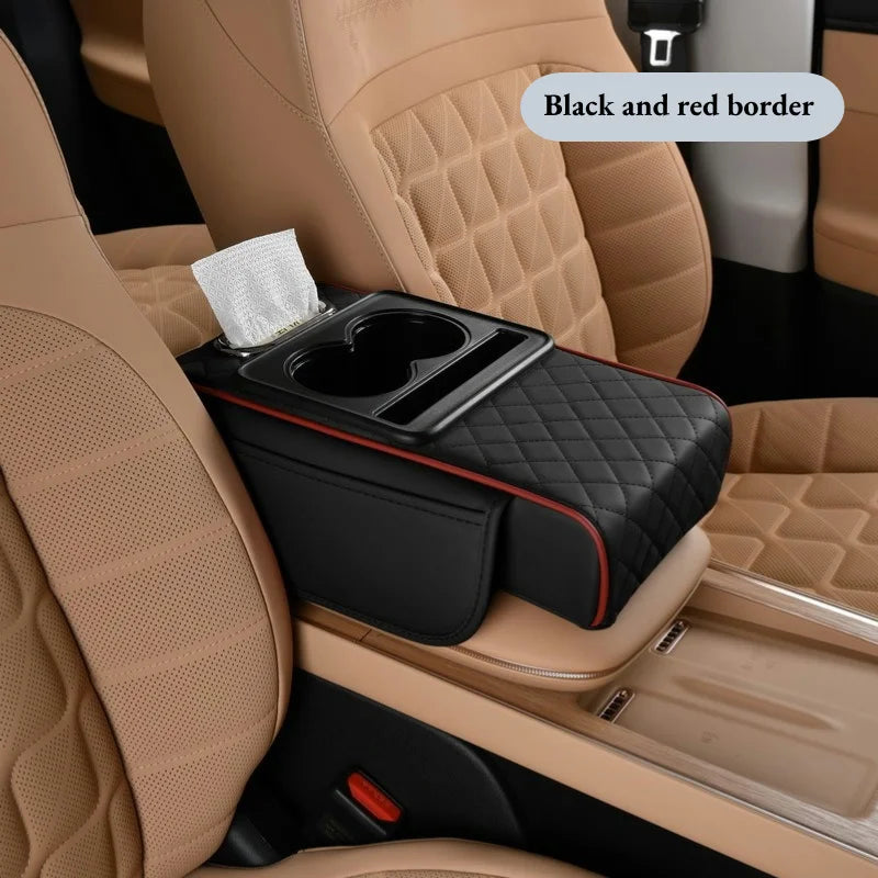 Car Center Console Armrest Cushion with 2 Cup Holders - Height Raising Arm Rest Pad
