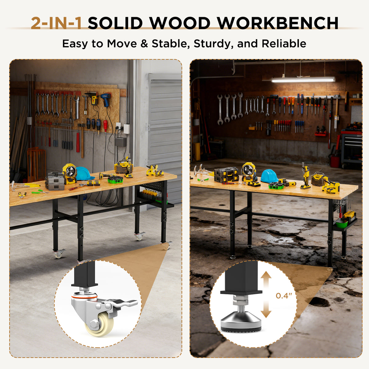 96 Inch Solid Wood Top Workbench With Side Pegboard And Outlet – image 5