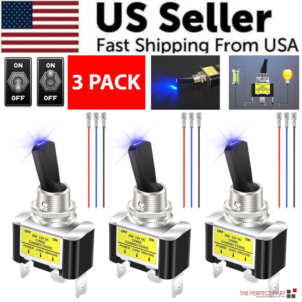 LED Rocker Switch, 12V 30A Toggle On/Off, 3-Pack, Blue