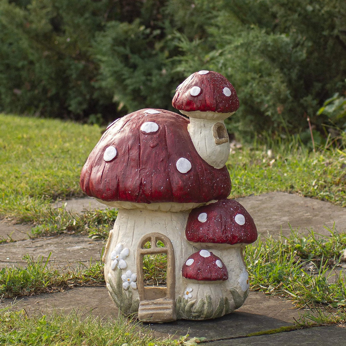 Mushroom House Garden Statue 18 in, Red and Beige Fairy Decor – image 2