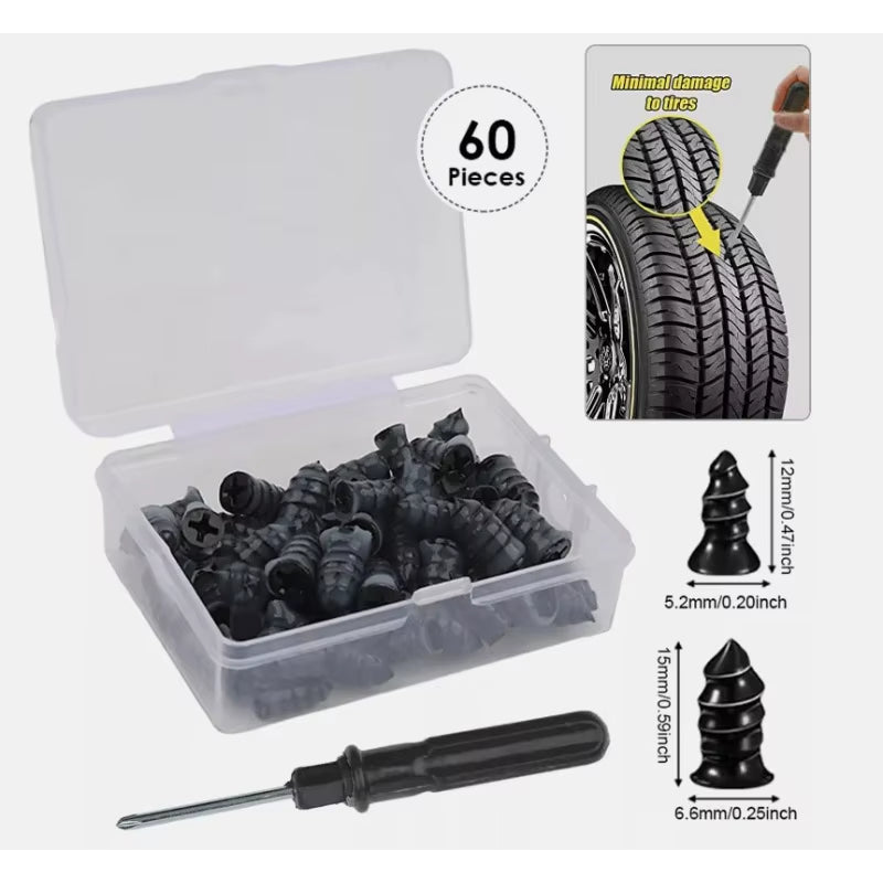 Tire Repair Plug Kit, 60 Screw-In Rubber Plugs with Driver