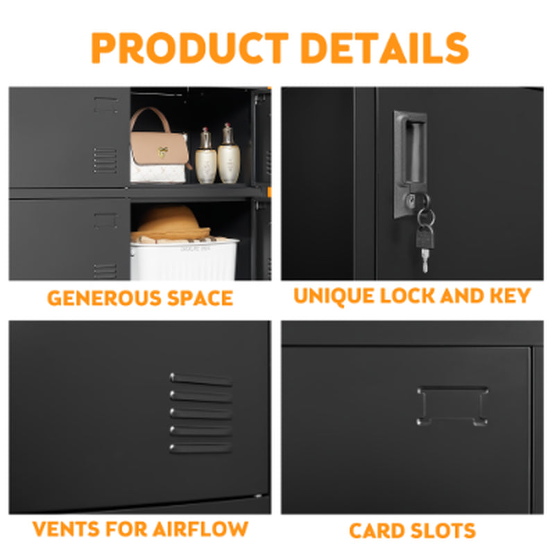 Metal Storage Locker, 6-Door with Keys, 39.4 in Steel Cabinet, Black