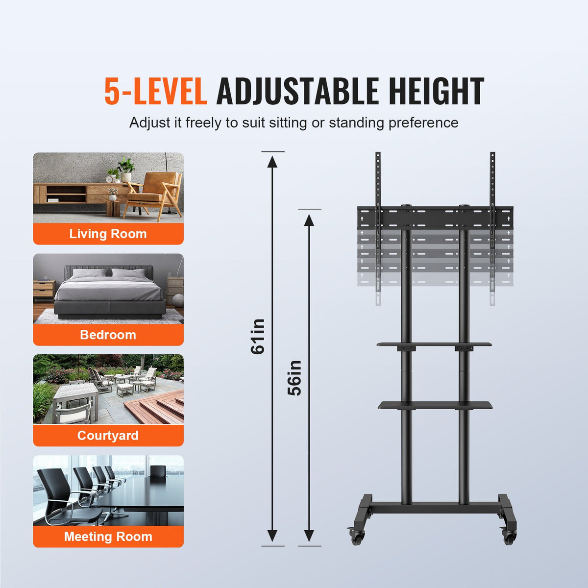 Rolling TV Cart for 32-70 Inch TVs with Dual AV Trays, 132 lb – image 4