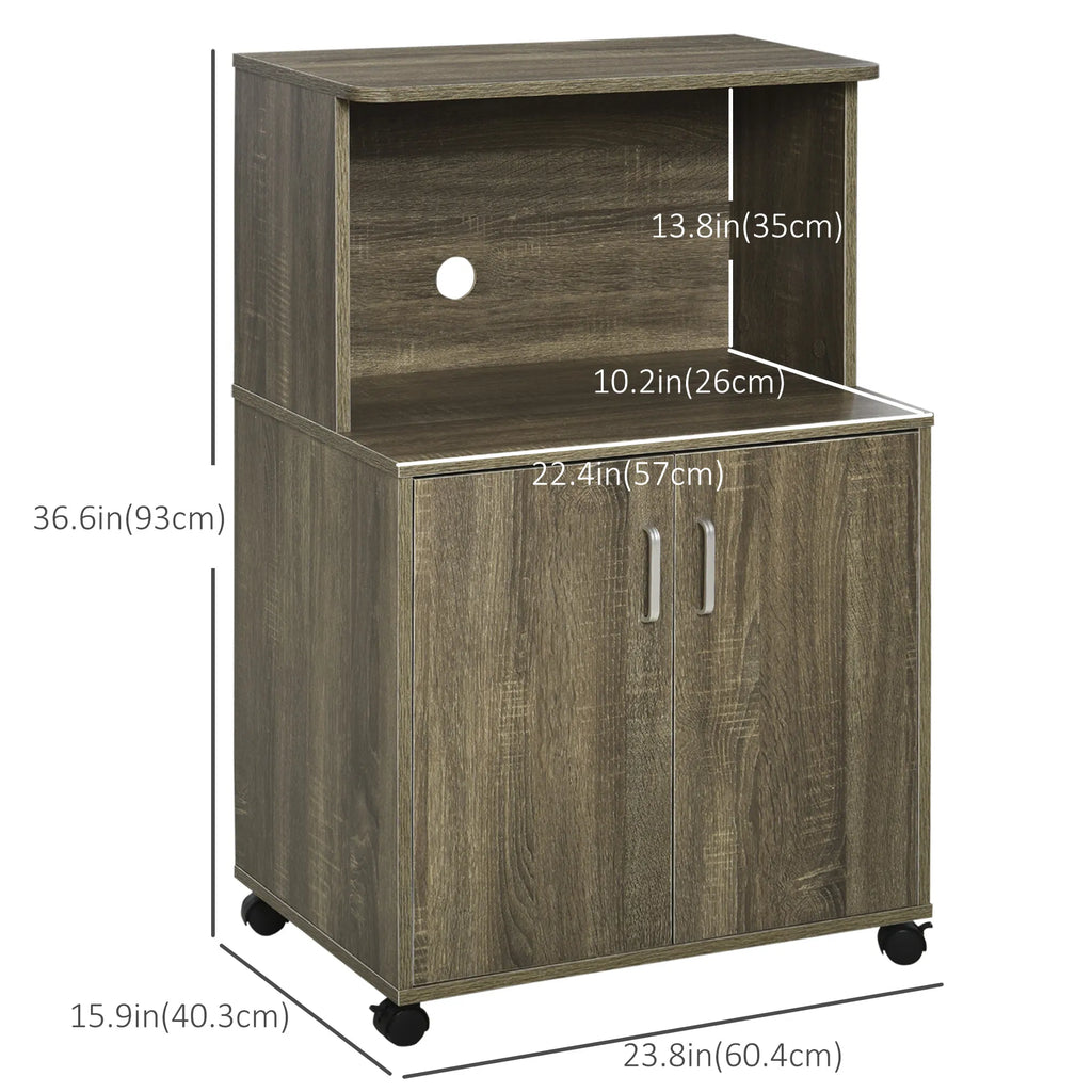 Microwave Cart on Wheels with 2-Door Cabinet, Grey Wood Grain – image 3