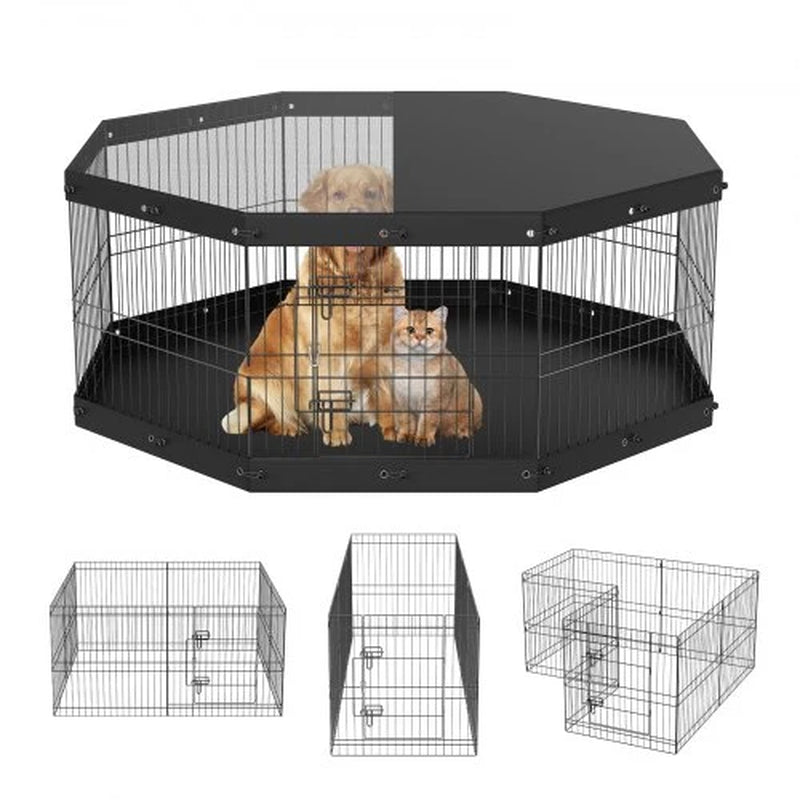 Dog Playpen with Top Cover and Pad, 8 Foldable Metal Panels, 24 in