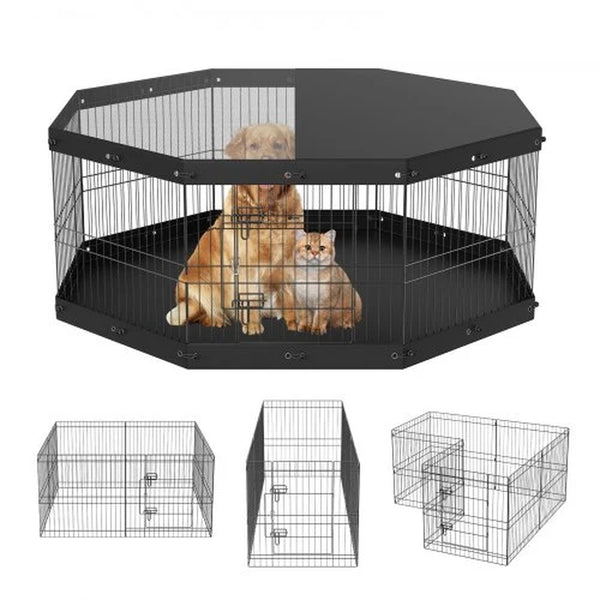 Dog Playpen with Top Cover and Pad, 8 Foldable Metal Panels, 24 in