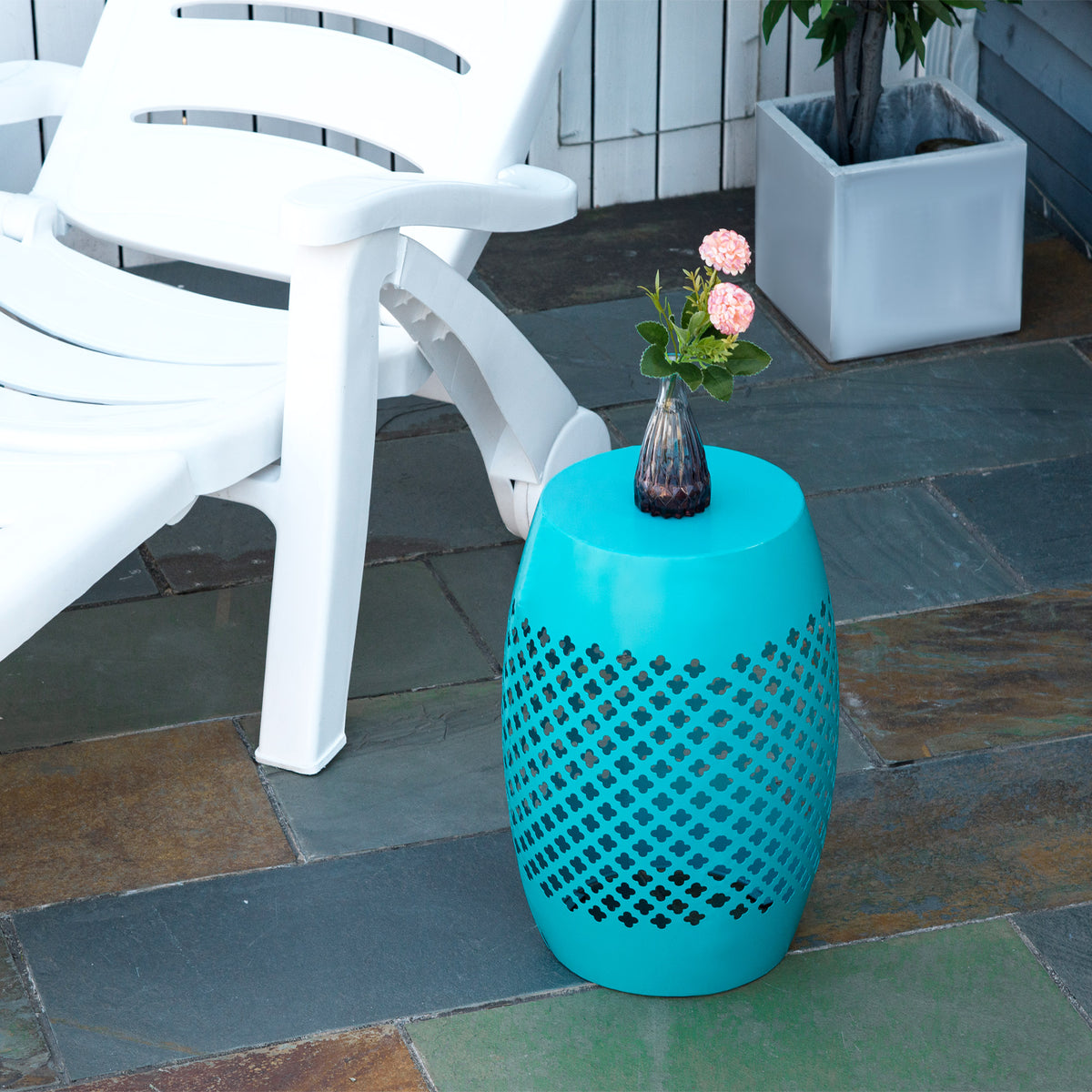 Outdoor Side Table 12 in - Steel Drum Patio End Table, Blue – image 2