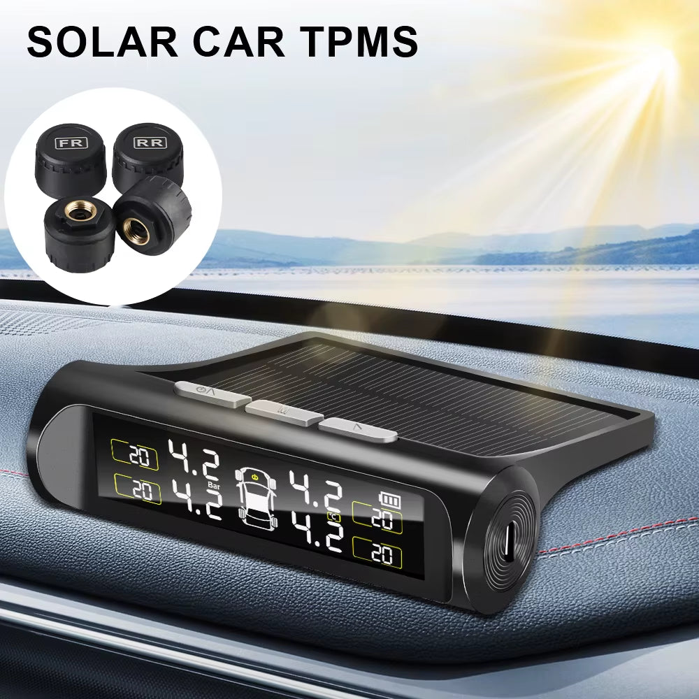 Solar Tire Pressure Monitoring System - Wireless TPMS with LCD Display & Alarm