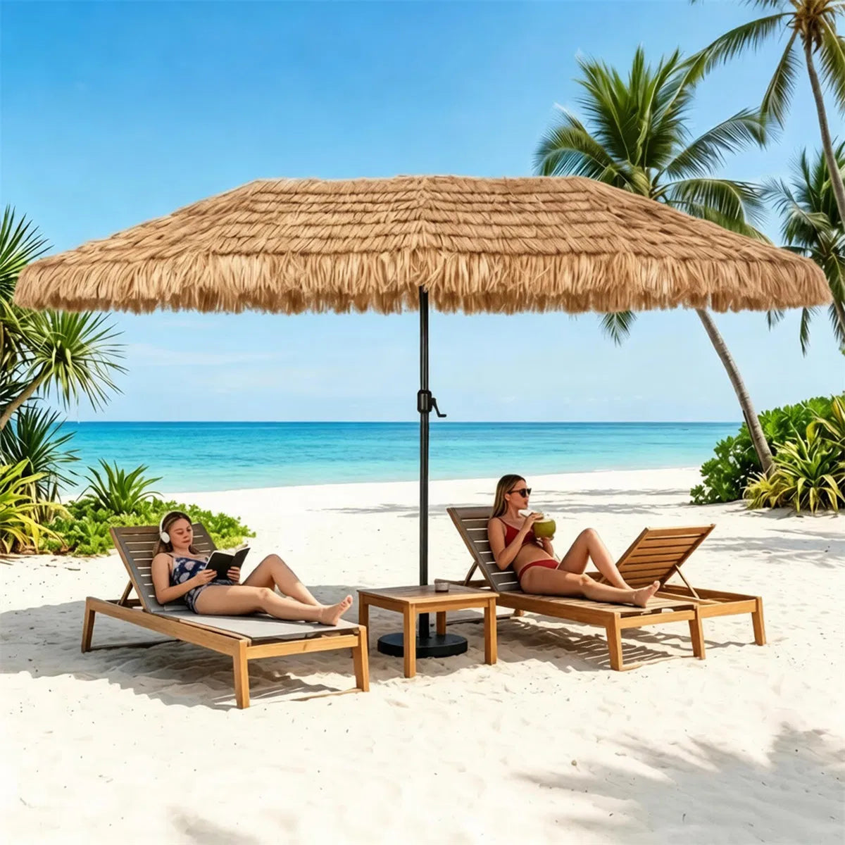 15x9 ft Double-Sided Tiki Patio Umbrella with Thatch and Weighted Base – image 11