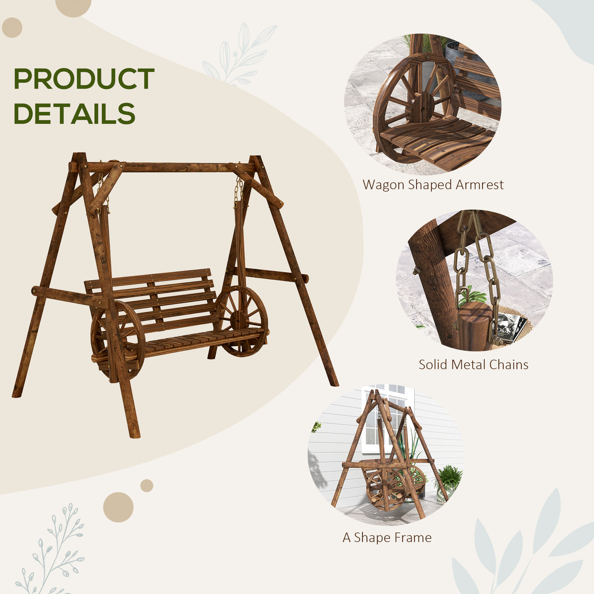 Porch Swing with A-Frame Stand, 2-Seat Wooden Log Patio Swing – image 6
