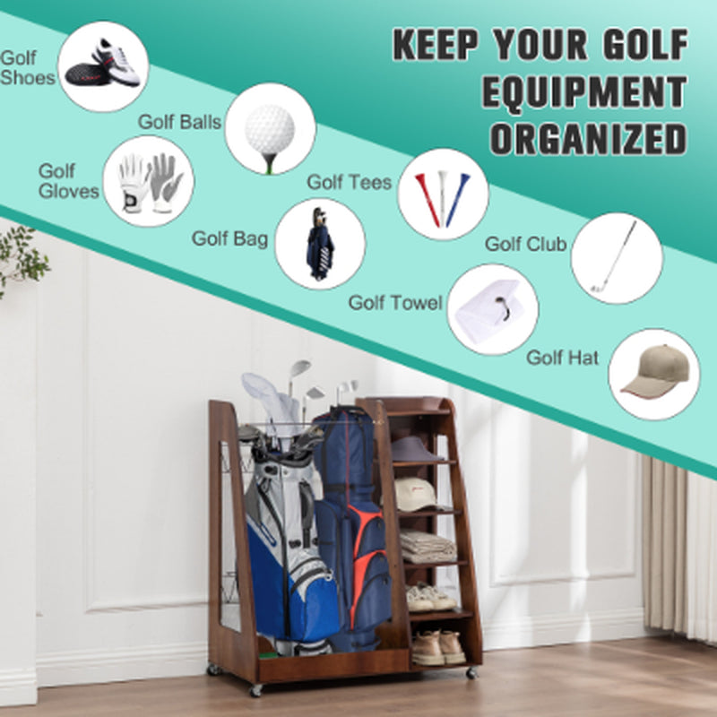 Wooden Golf Bag Organizer for 2 Bags With Shoe Shelves – image 8