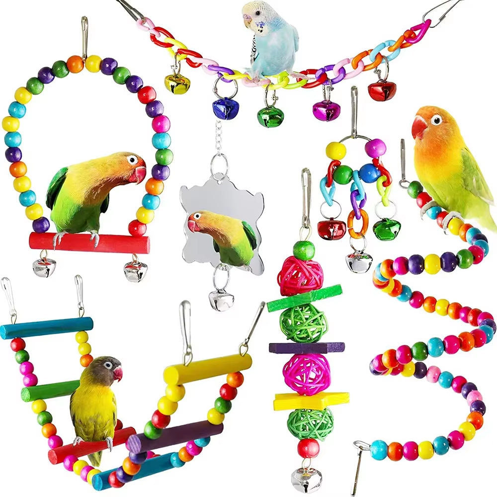 Bird Toy Set 7-Piece - Parrot Swing, Ladder, Mirror and Bell Cage Toys