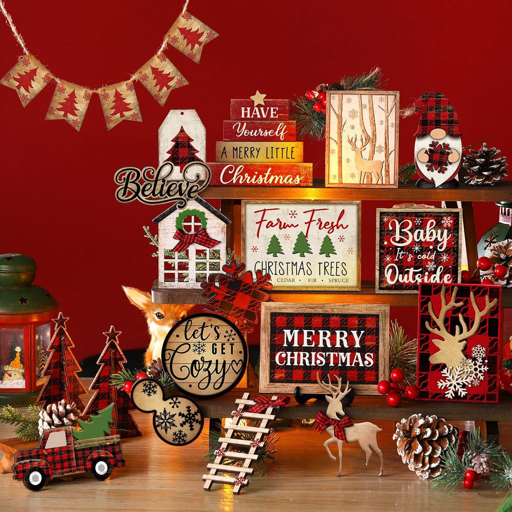 Christmas Tiered Tray Decor, Rustic Buffalo Plaid Wood, 24 Pack – image 2