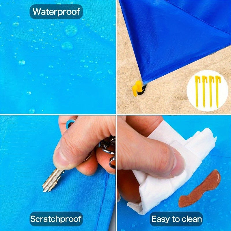Sandproof Beach Blanket – Extra Large Waterproof Mat with Stakes, Blue – image 5