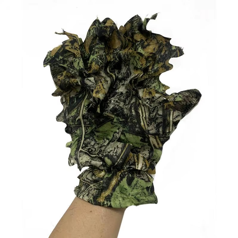 Hunting 3D Leafy Camo Gloves, Non-Slip Full Finger Woodland Camo Gloves, One Size