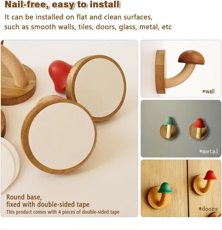 Wooden Mushroom Wall Hooks, Set of 4 – Colorful Coat & Towel Hooks – image 4