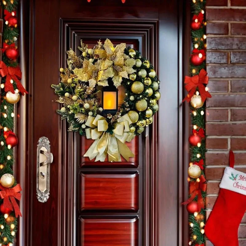 Christmas Lantern Wreath with Large Bow, 12 Inch Front Door Decor