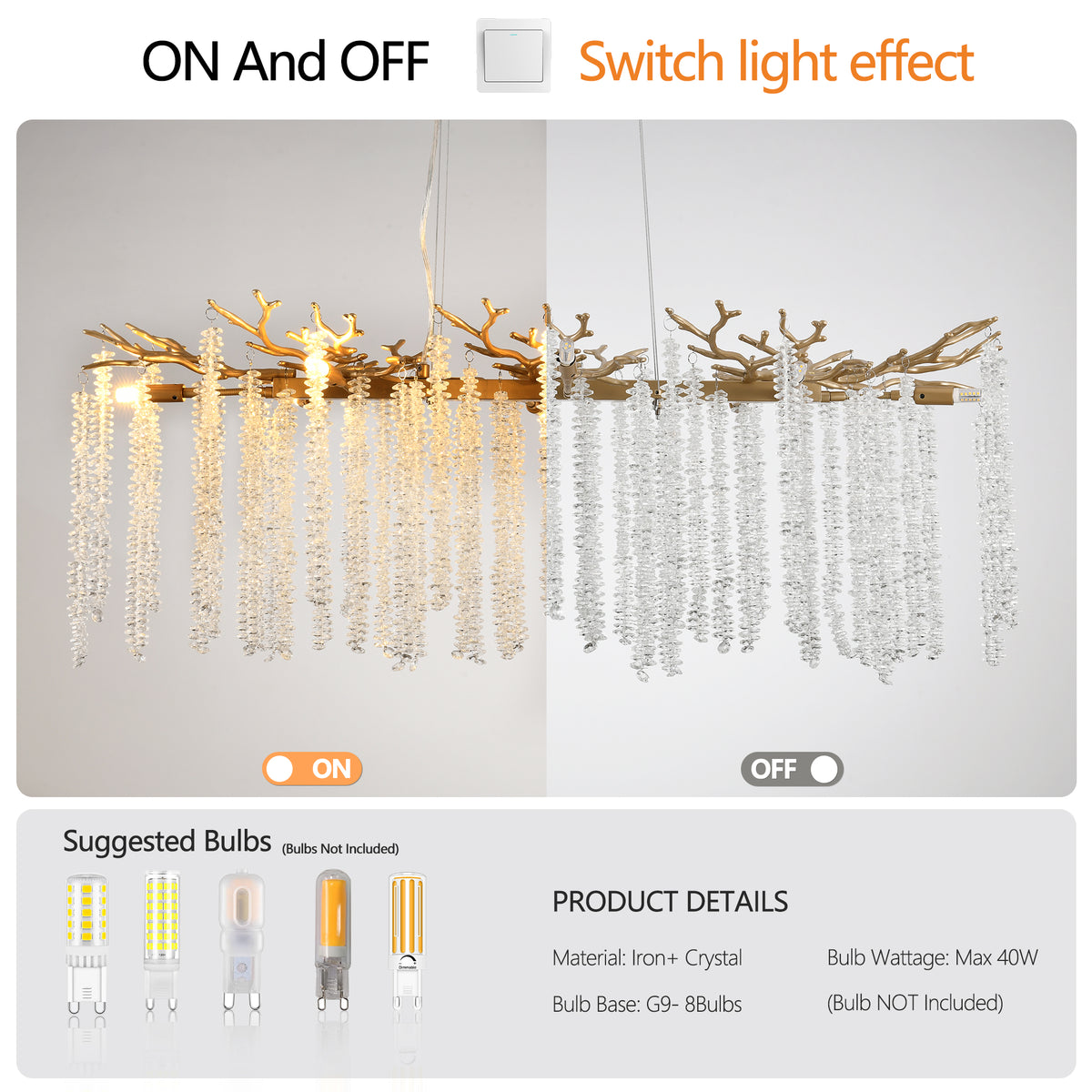 39 Inch Gold Crystal Chandelier with Cascading Strands, 8-Light