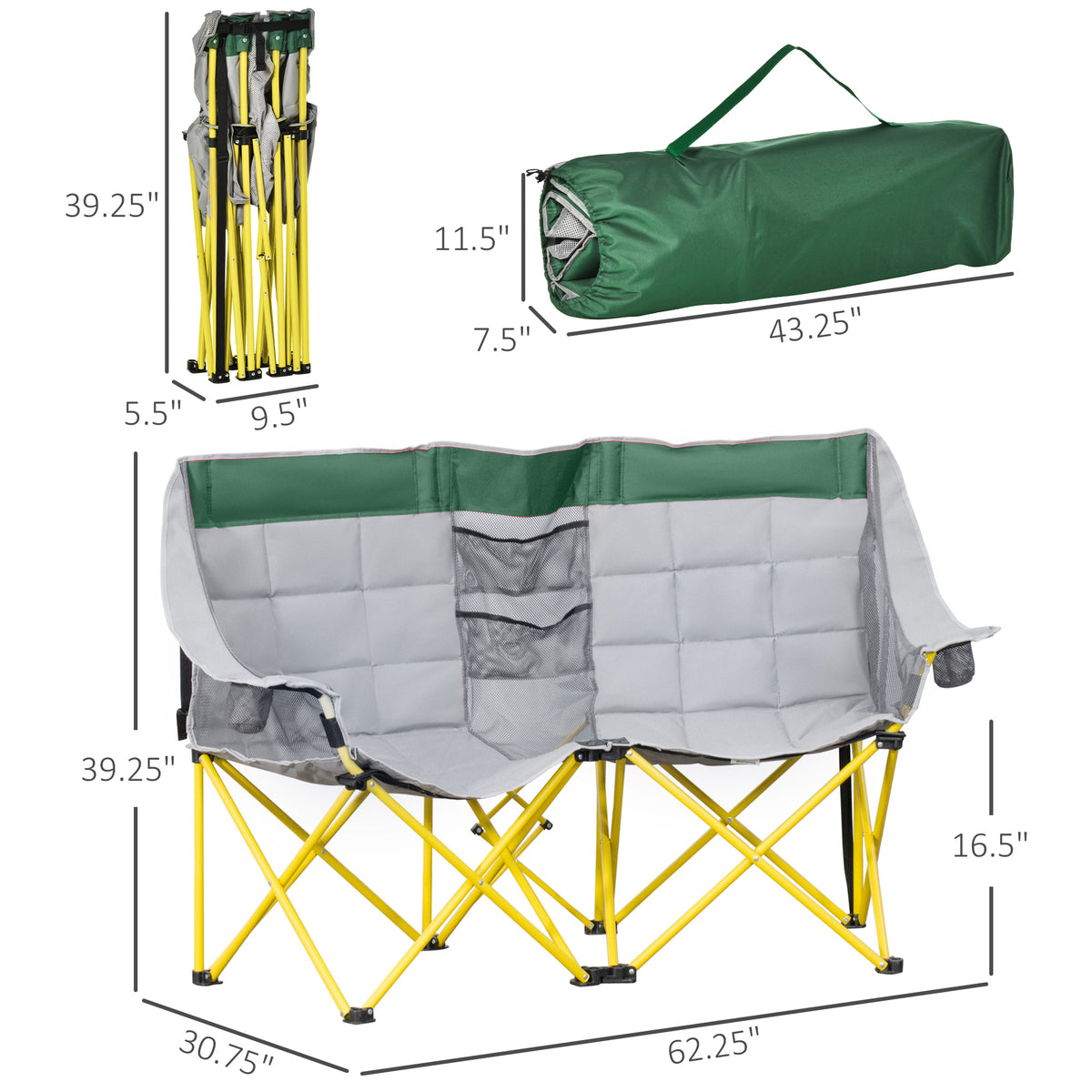 Loveseat Camping Chair, 2-Person Folding Chair with Cup Holders, Green – image 2