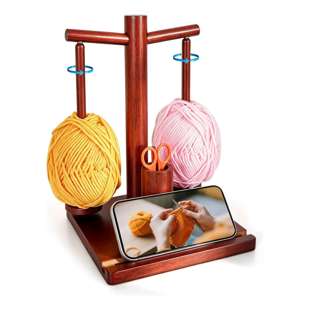 Wooden Yarn Holder with Dual Magnetic Spindles for Knitting & Crochet