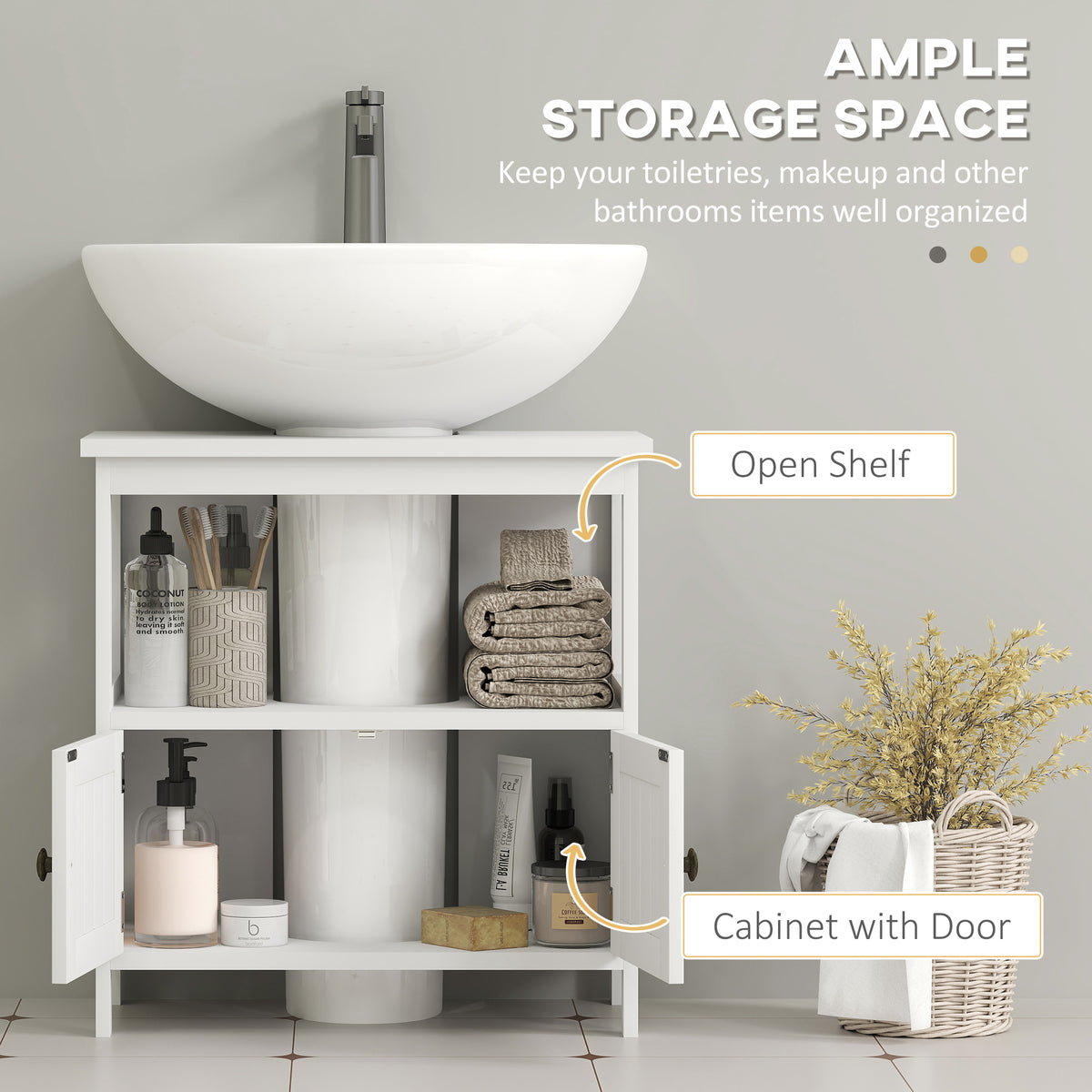 Pedestal Sink Cabinet, Under Sink Storage with 2 Doors, White – image 5