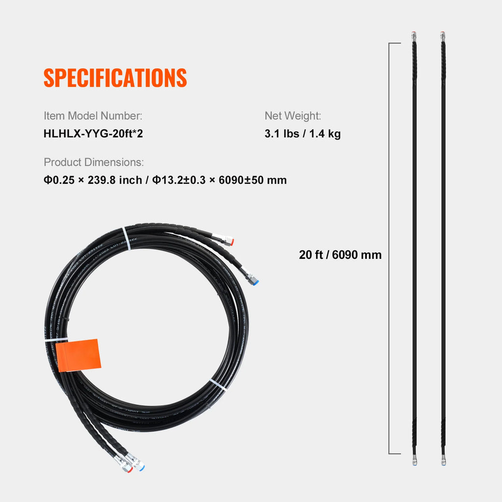 20 Ft Hydraulic Steering Hose Kit, 2-Piece Outboard Hoses to 300HP