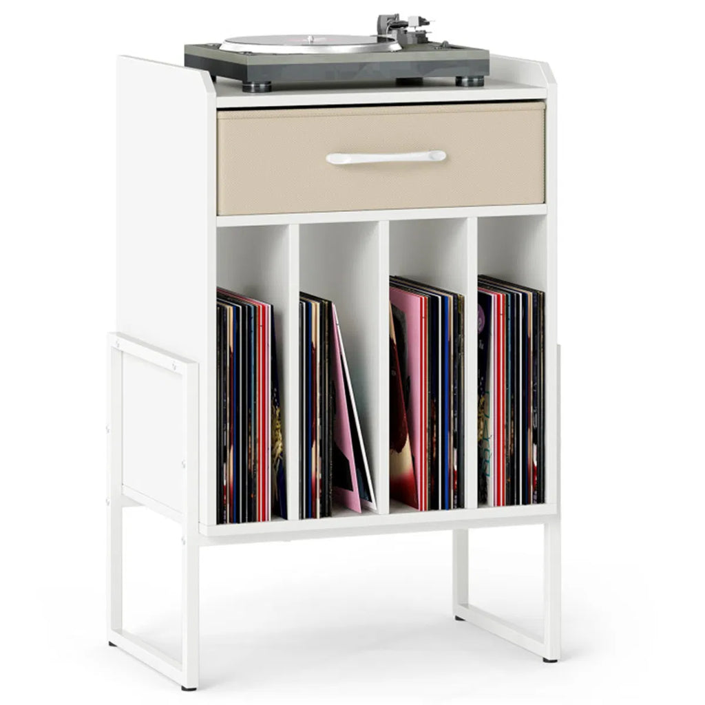 Record Player Stand with Vinyl Storage and Fabric Drawer – White