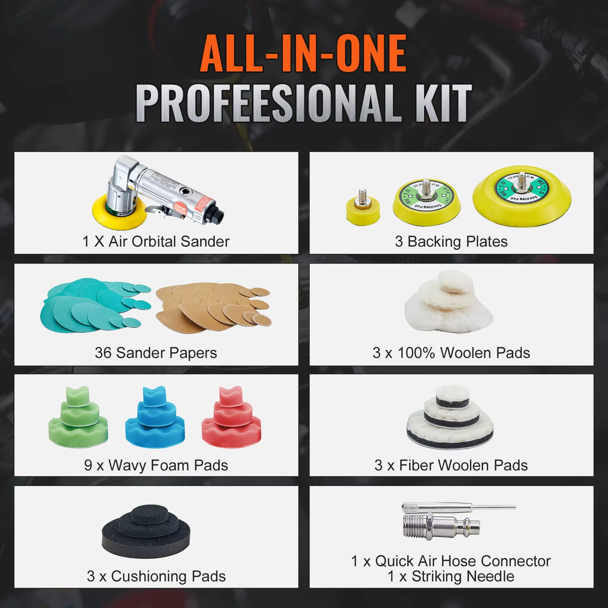 Mini Air Sander Set with 1, 2 and 3 in Pads, Pneumatic Polisher – image 7