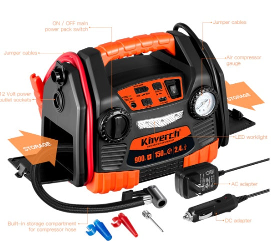 Jump Starter with Air Compressor – 900A Peak, 150 PSI, USB Port