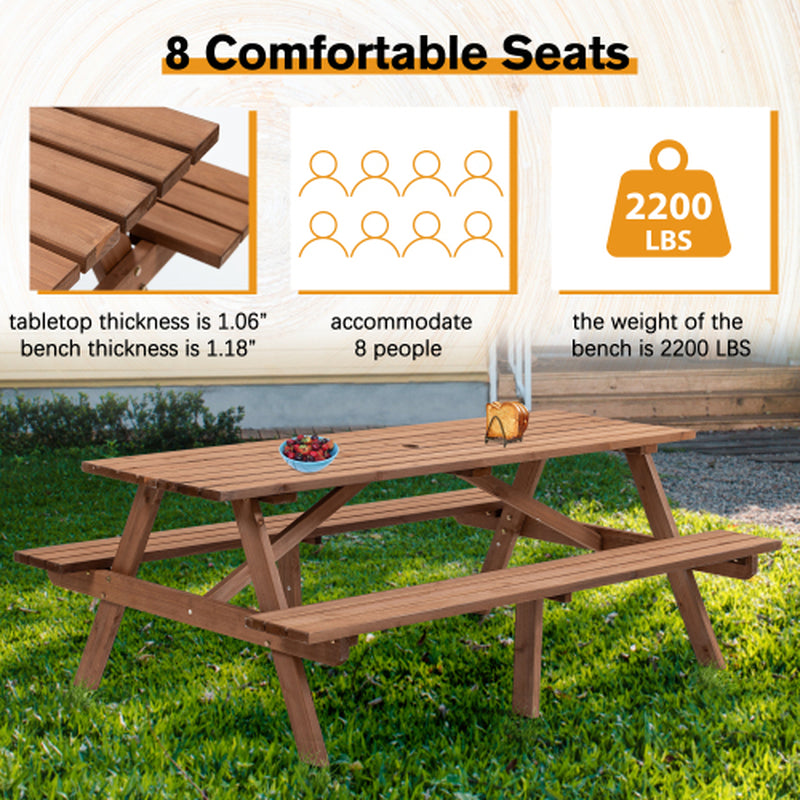 Wooden Picnic Table 75 in with 2 Built-In Benches, Umbrella Hole – image 6