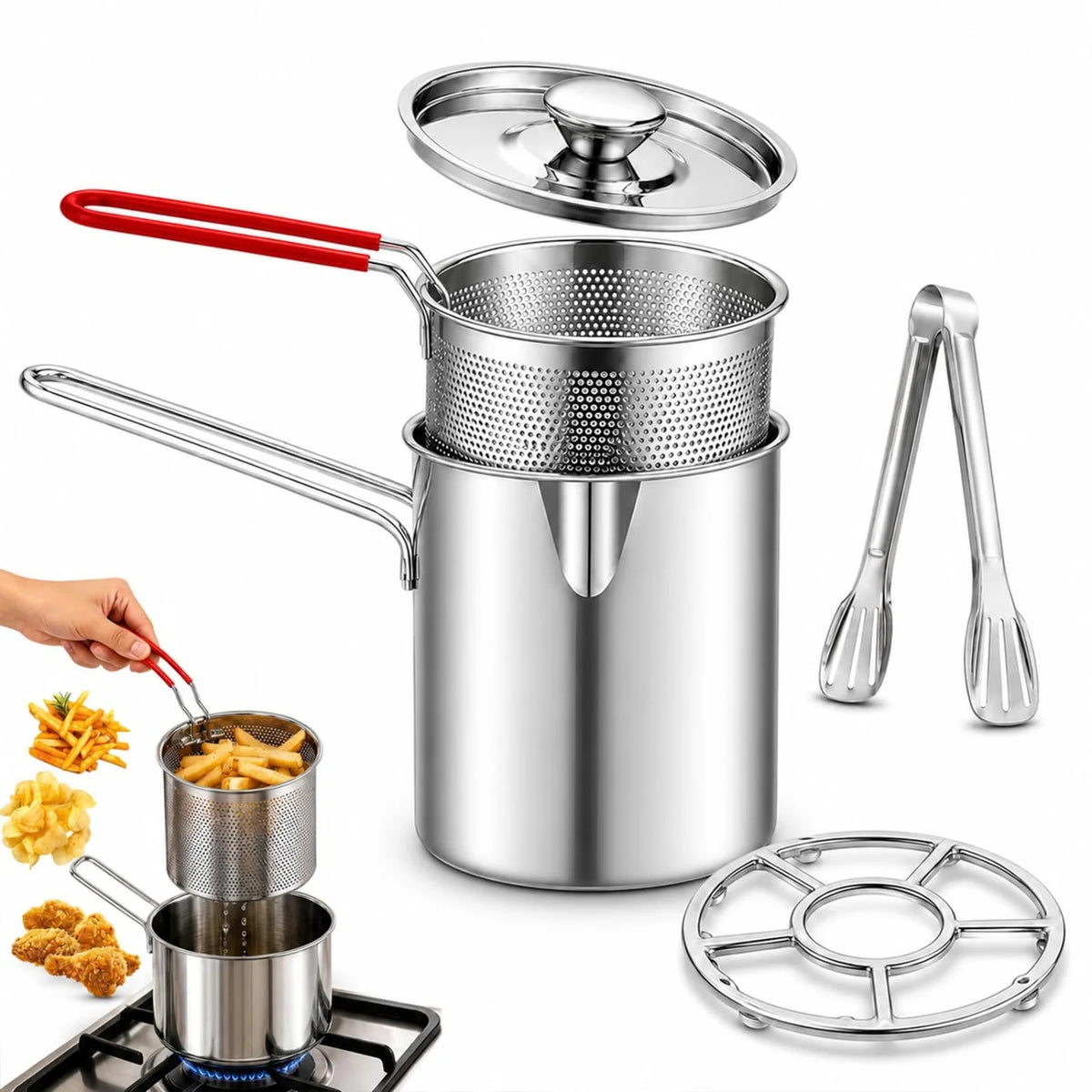 Fryer Pot with Draining Basket and Tongs, Stainless Steel
