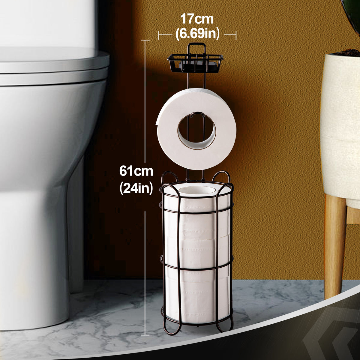 Freestanding Toilet Paper Holder with Shelf, 24 in Metal Stand – image 2
