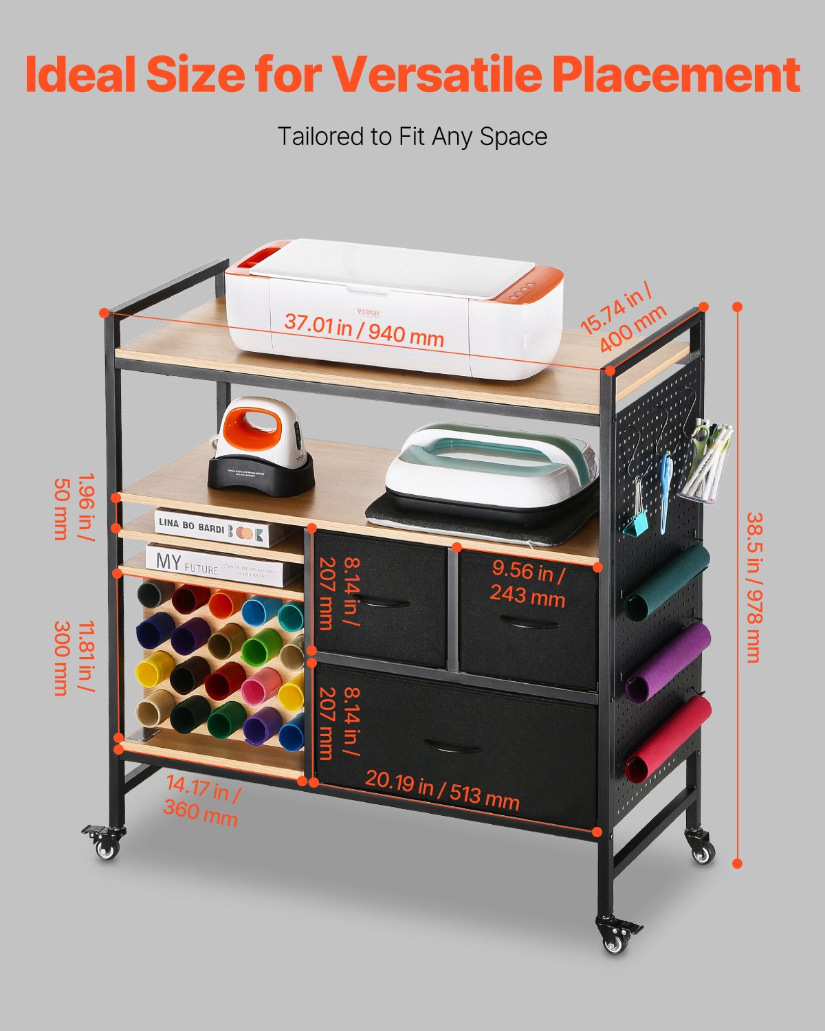 Rolling Craft Cart Storage Table with 20 Vinyl Roll Holders – image 3