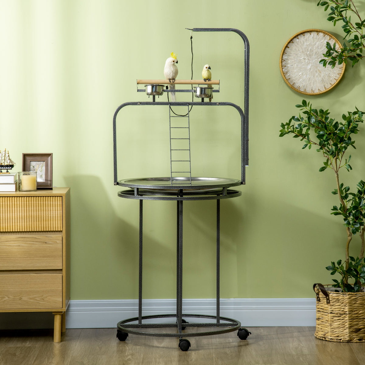 Parrot Stand, Large Bird Perch with 3 Ladders, Toy Hook and Wheels – image 8