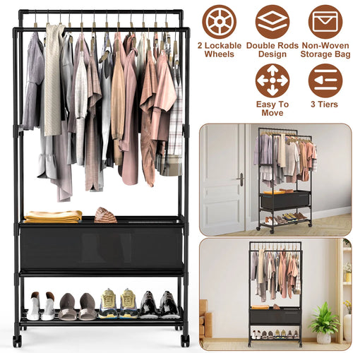 3-Tier Rolling Clothing Rack with Double Rods and Storage Bag – image 2