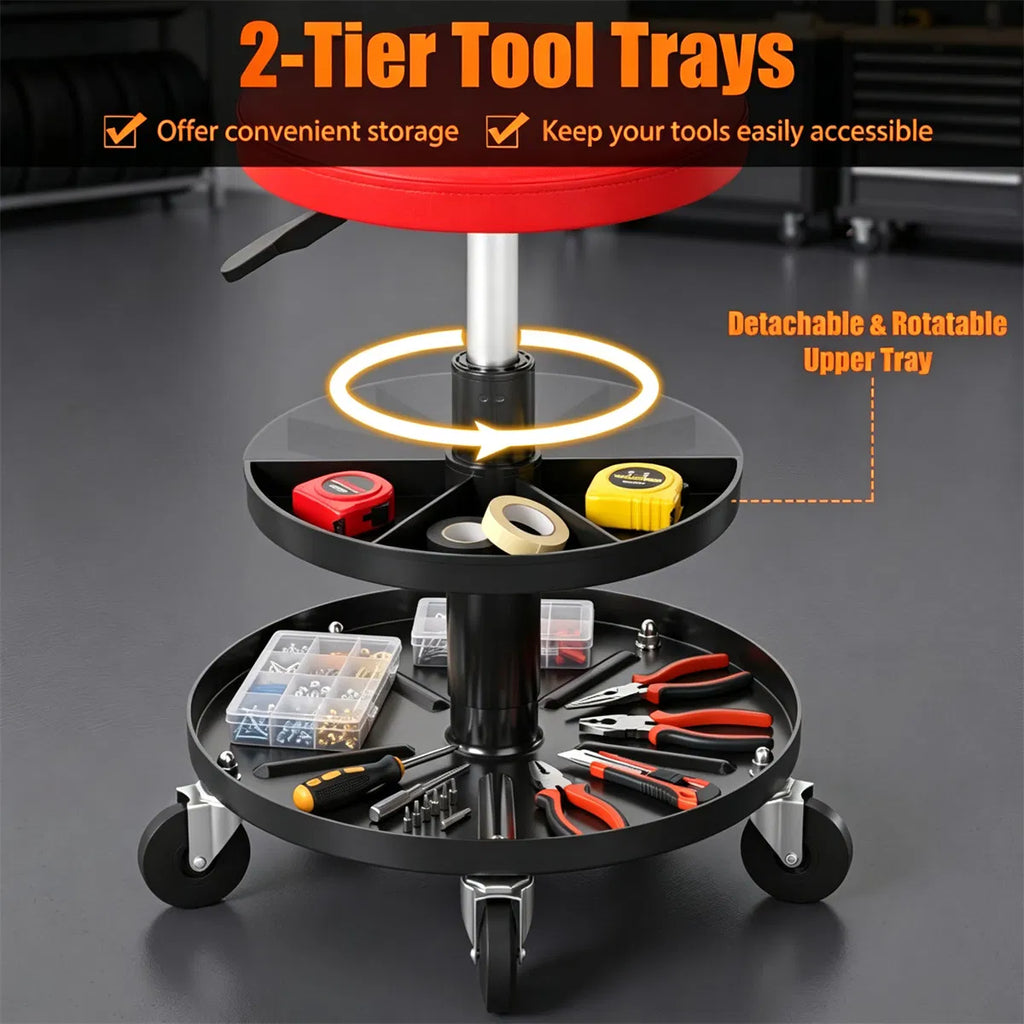 Mechanic Stool, Rolling with 2-Tier Tool Trays and Pneumatic Height – image 6