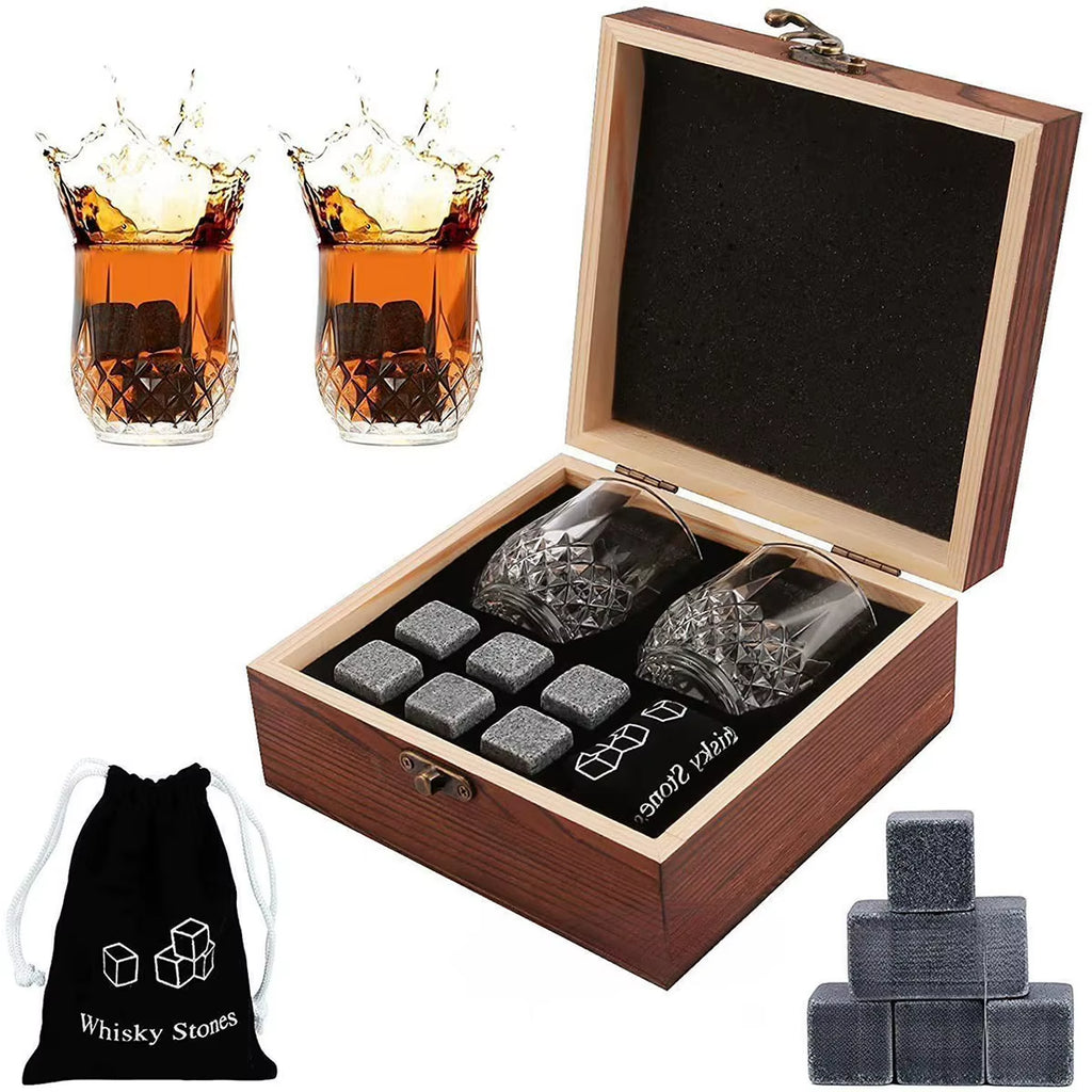 Whiskey Stones and Glasses Gift Set in Wooden Box, 8 Granite Stones – image 2