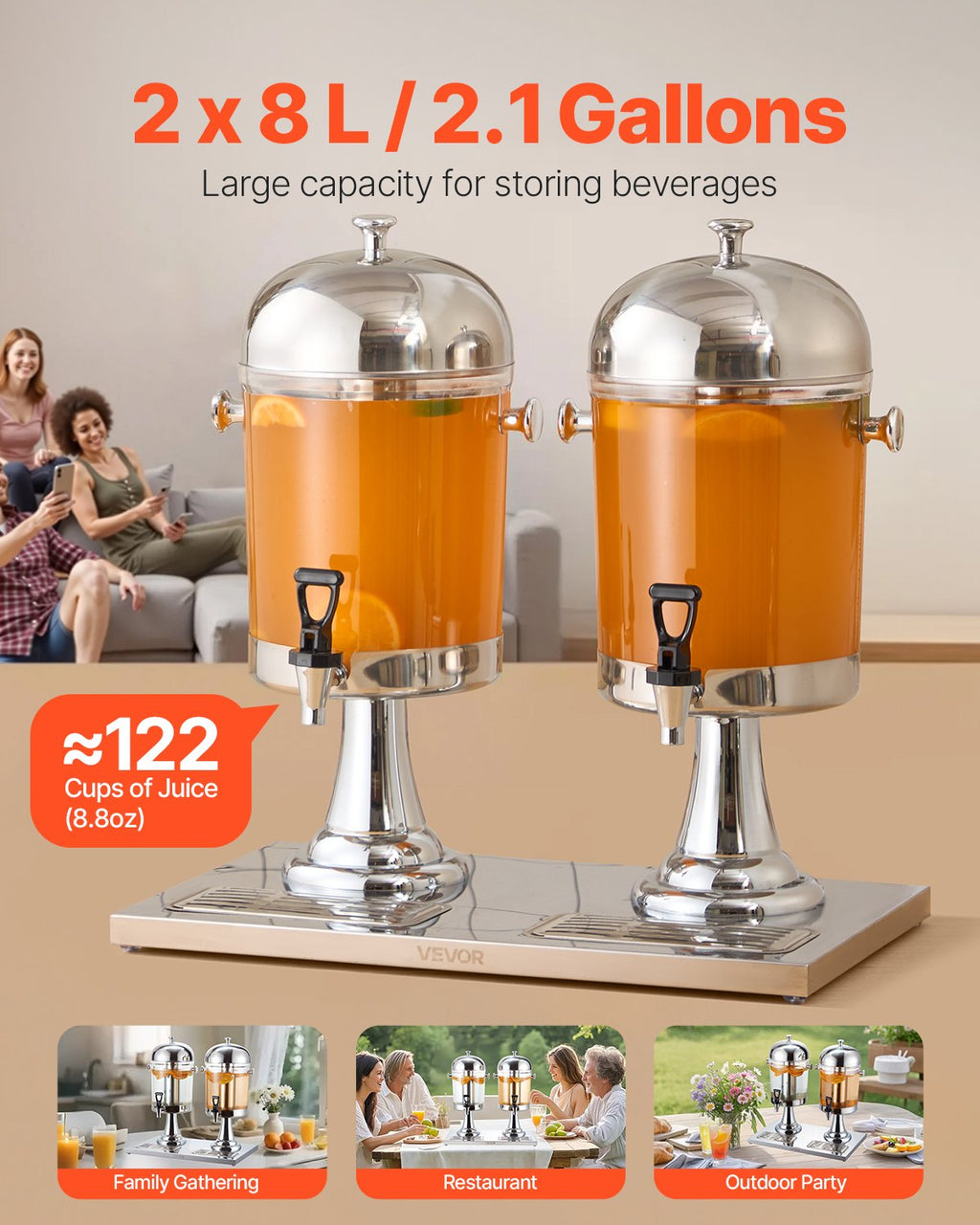 Double Drink Dispenser, 2 x 2.1 Gallon Beverage Dispenser with Drip Tray – image 3