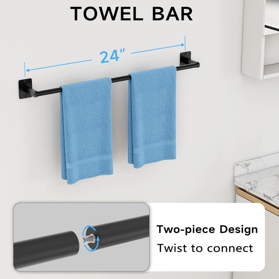Bathroom Hardware Set 4-Piece, Matte Black 24 in Towel Bar – image 3