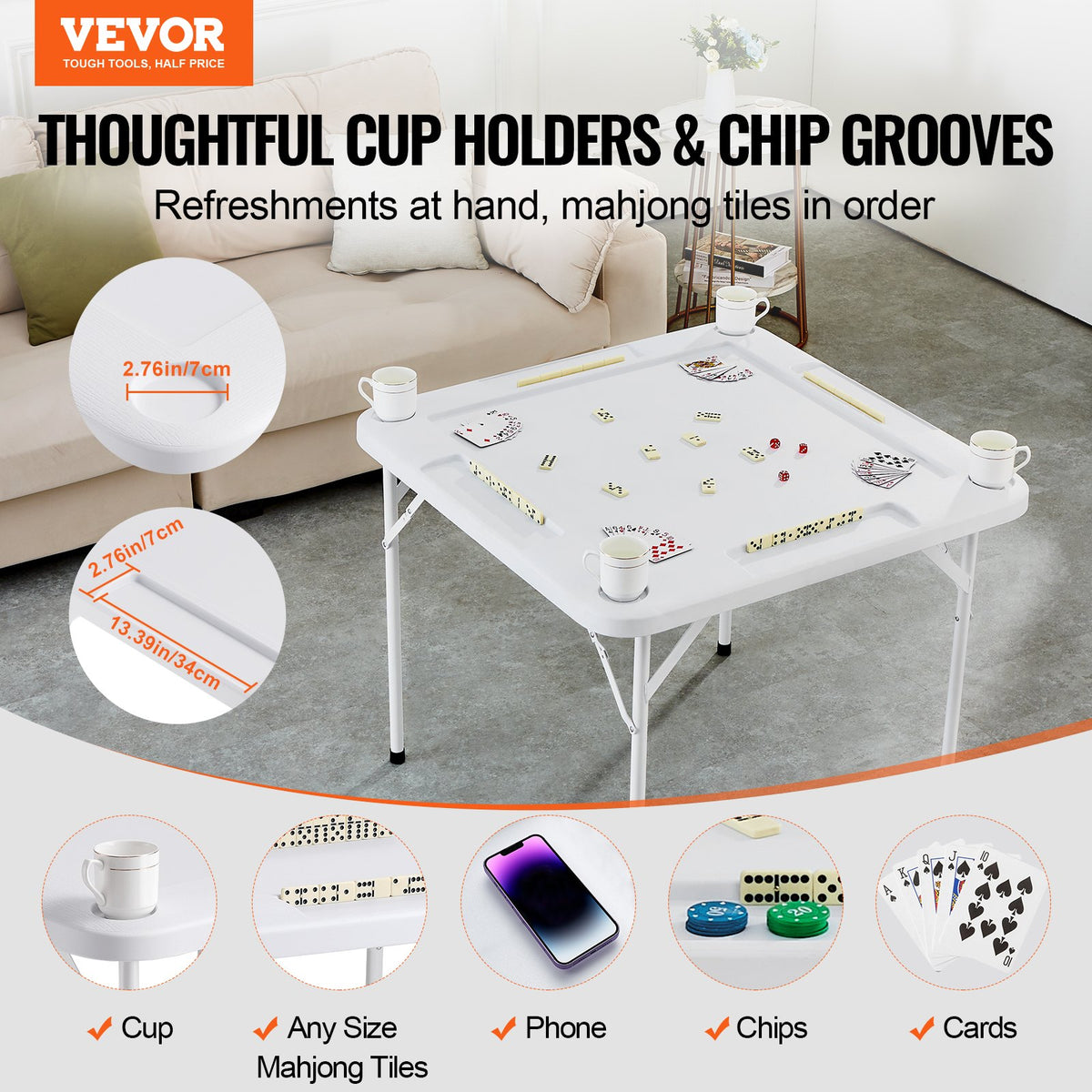 Mahjong Table – Folding 4-Player Game Table with Cup Holders, White – image 11