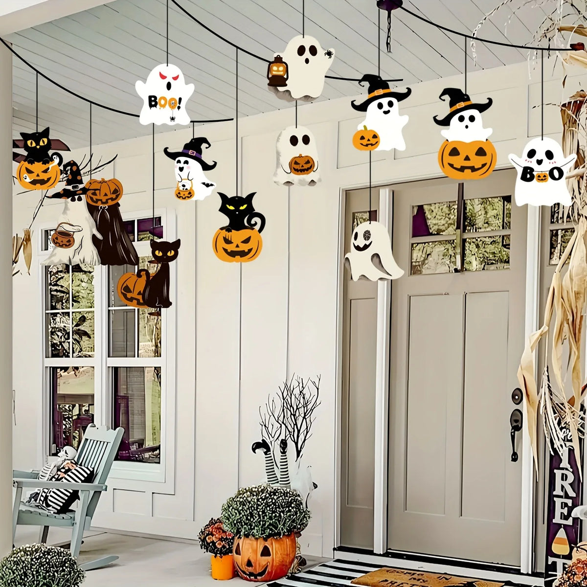 Halloween Hanging Ornaments 12 Pcs – Ghost, Cat, Pumpkin, Witch Hat – image 3